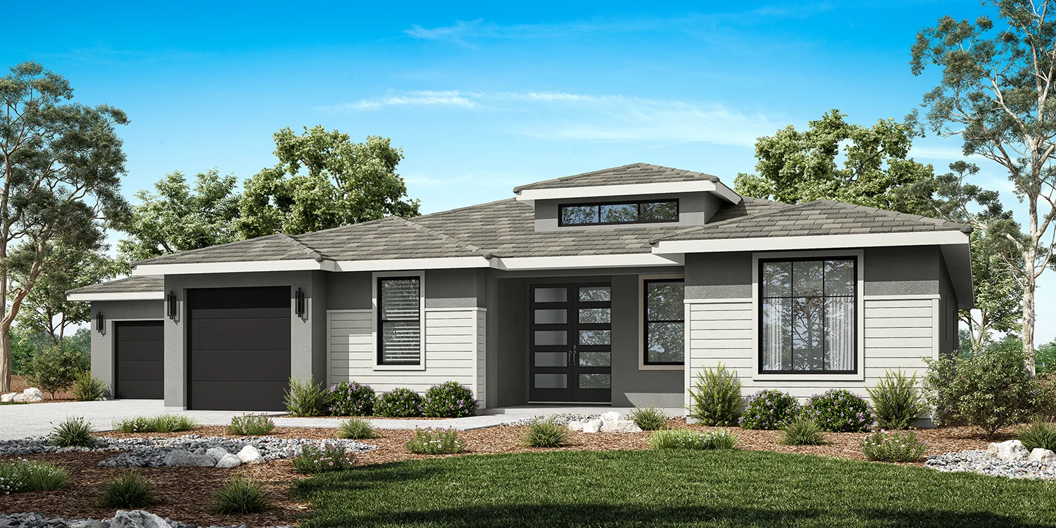 The Heirloom contemporary elevation — clean-line modern exterior with bold window placement and minimalist facade details