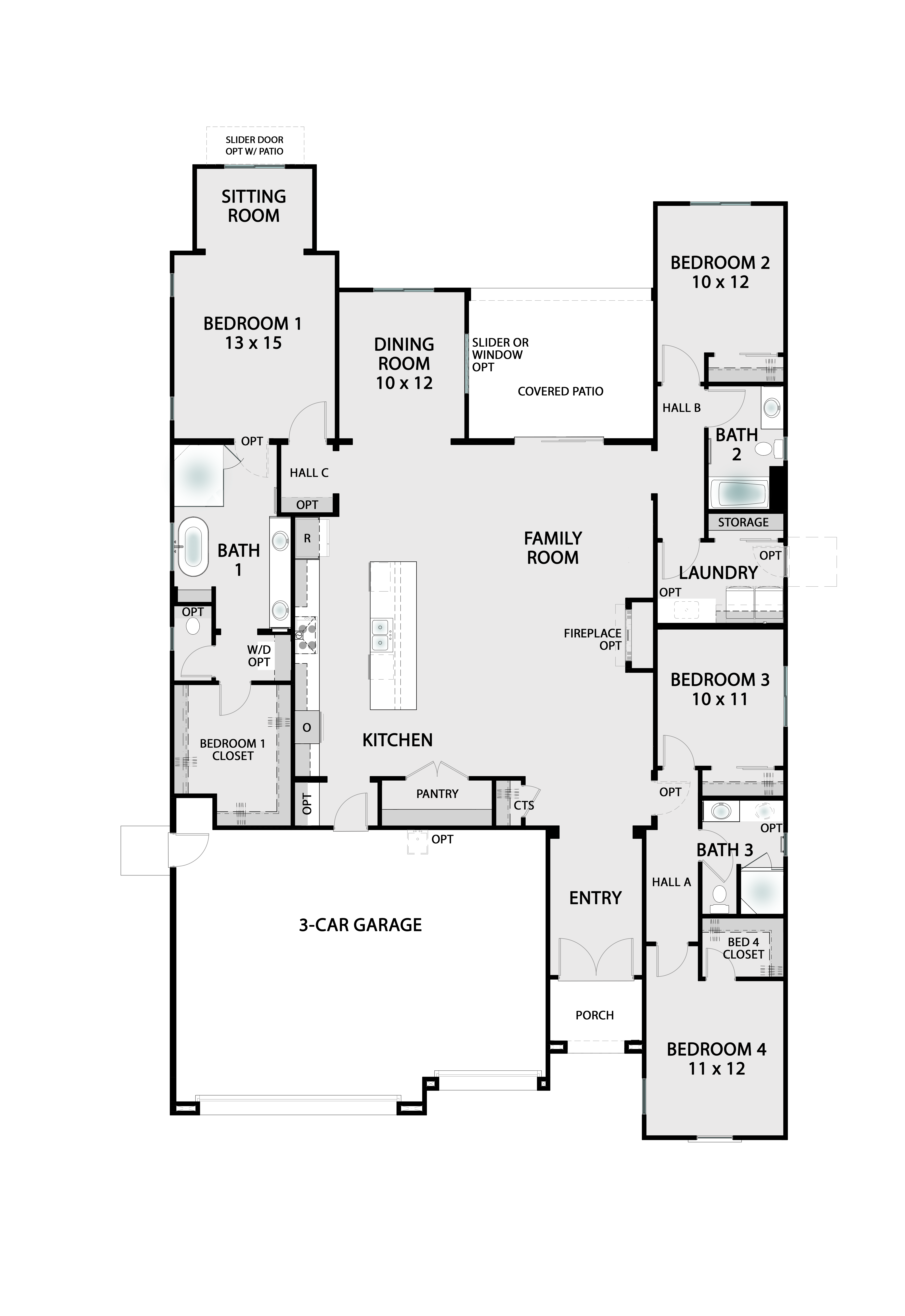 The Shasta base floor plan — single-story 2,578 square foot home with 4 bedrooms, 3 bathrooms, 3-car garage, and open-concept great room
