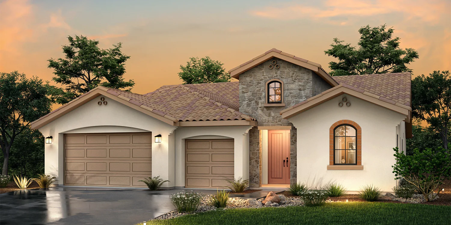 The Shasta Spanish elevation — stucco exterior with arched entry and tile roof accents