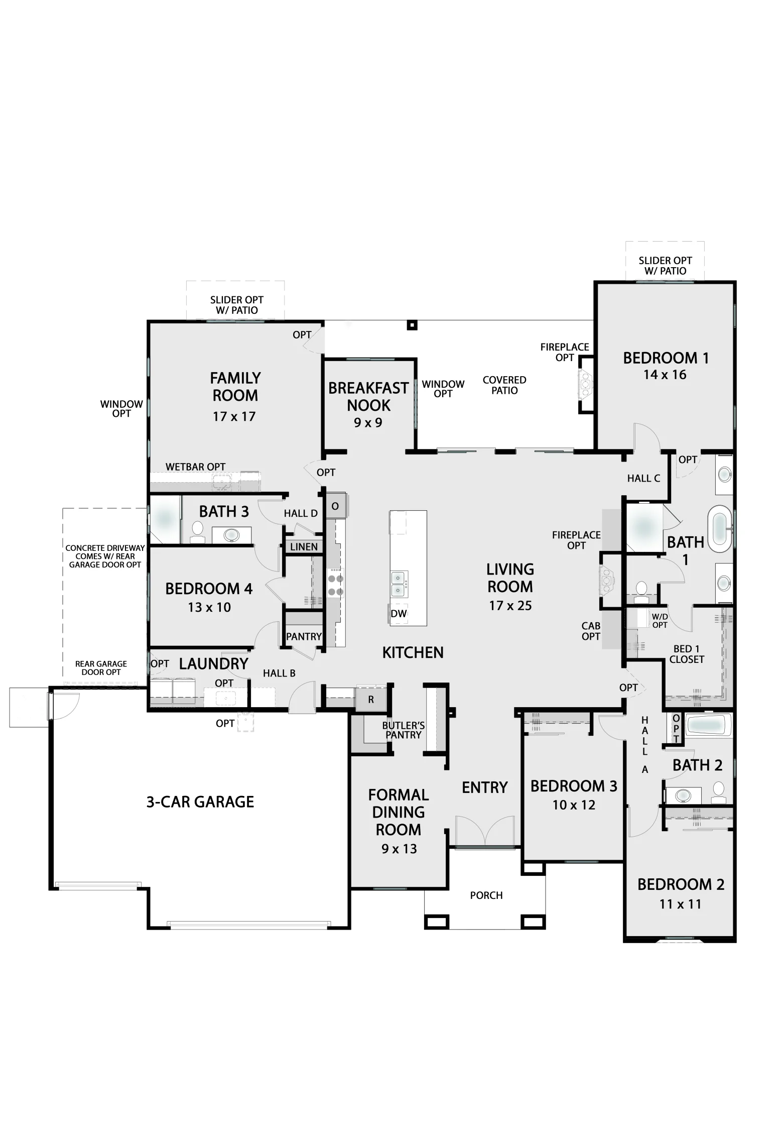 The Sonoma base floor plan — single-story 2,892 square foot home with 4 bedrooms, 3 bathrooms, 3-car garage, and open-concept great room with covered patio