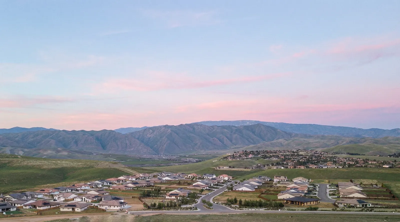 Aerial view of Vista Montaire new home community in Bakersfield, California, showing the surrounding landscape and community setting