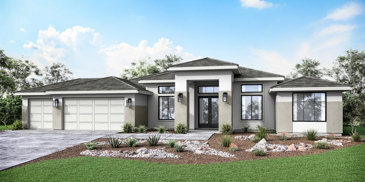 The Tacoma floor plan exterior rendering — Plan 4 at Vista Montaire, single-story home from 3,064 square feet