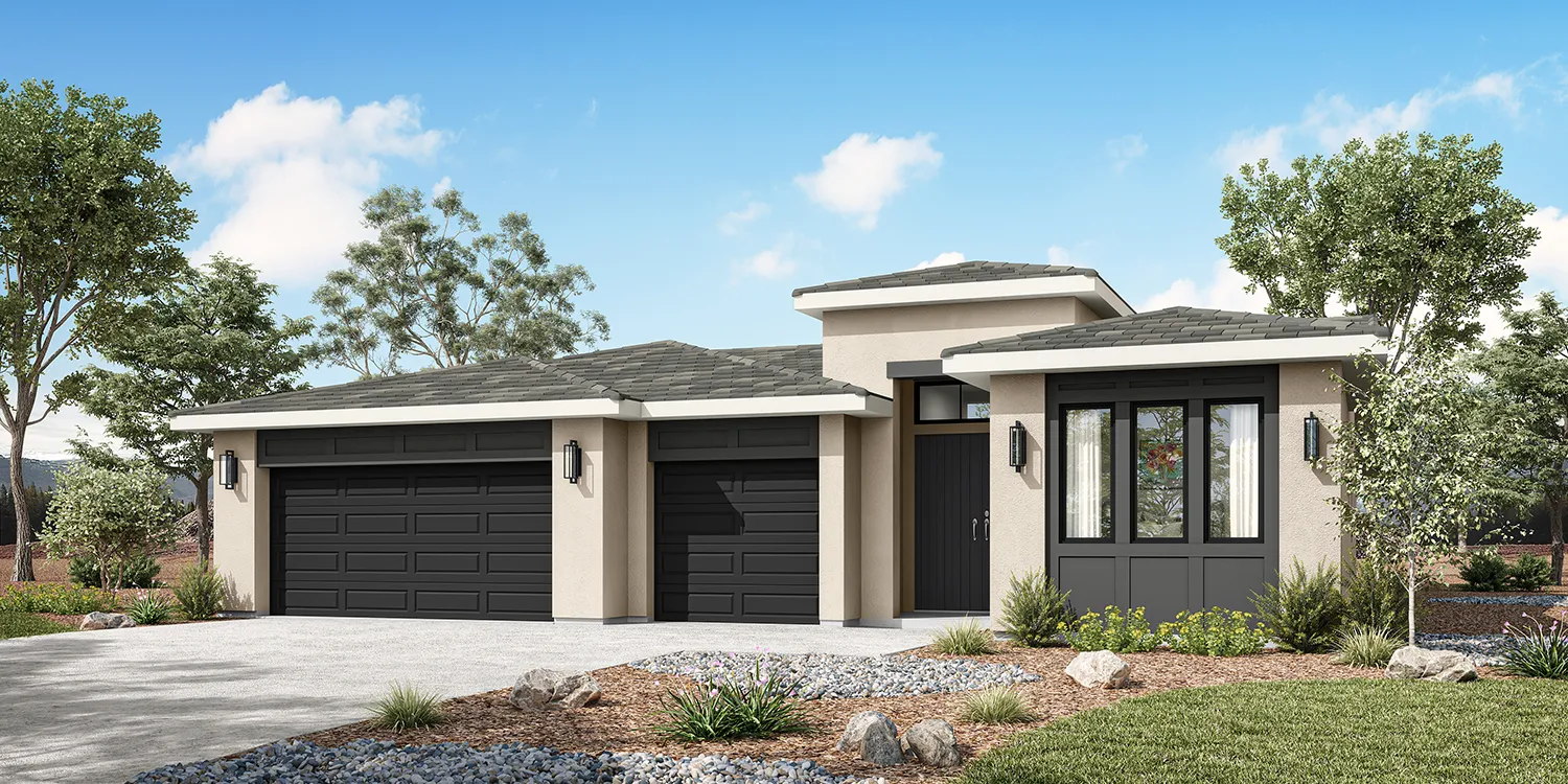 The Shasta floor plan exterior rendering — Plan 1 at Vista Montaire, single-story home from 2,578 square feet with 3 to 4 bedrooms